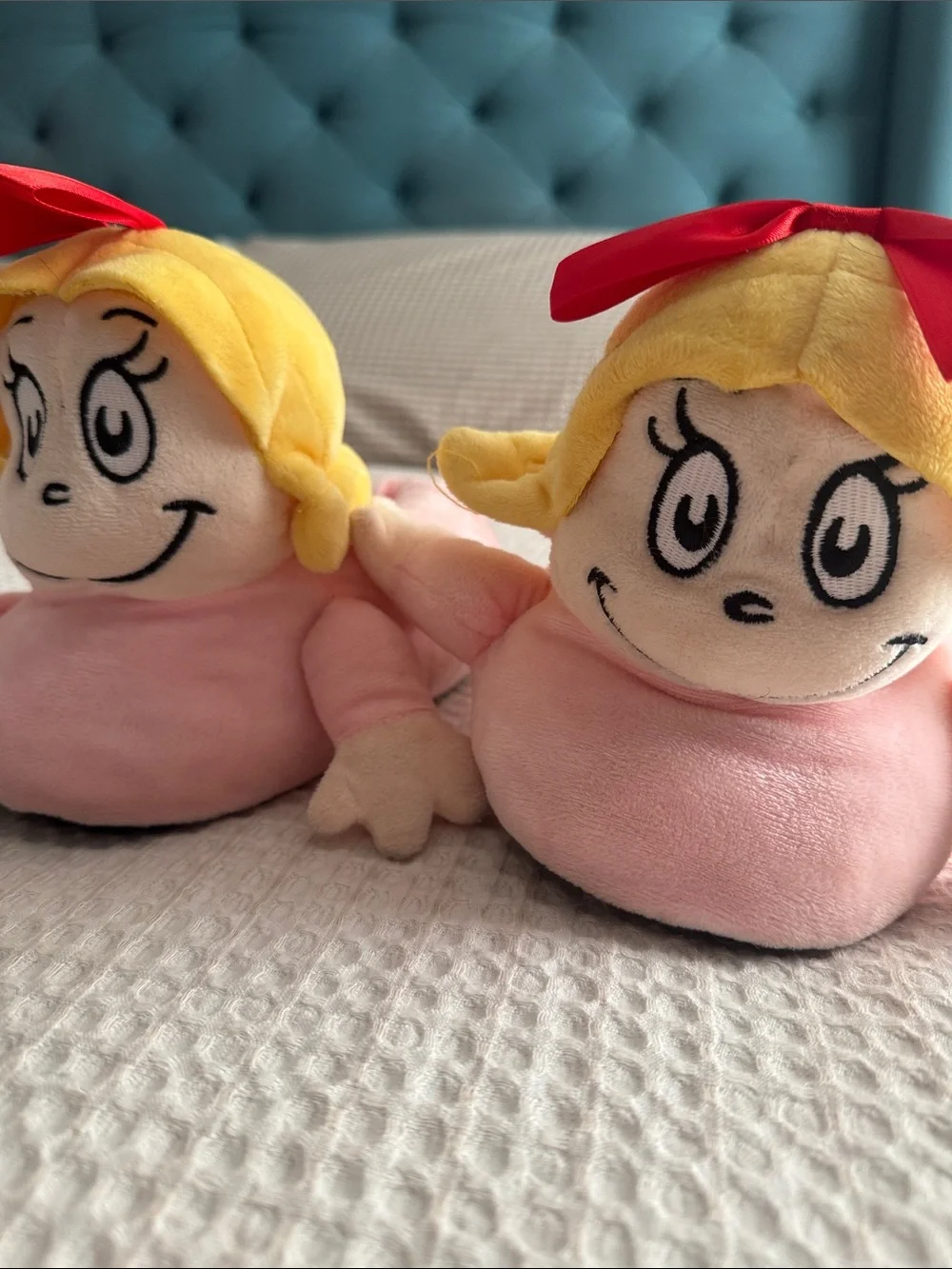Plush Pink Cindy Lou who slippers with Yellow Hair and Red Bows